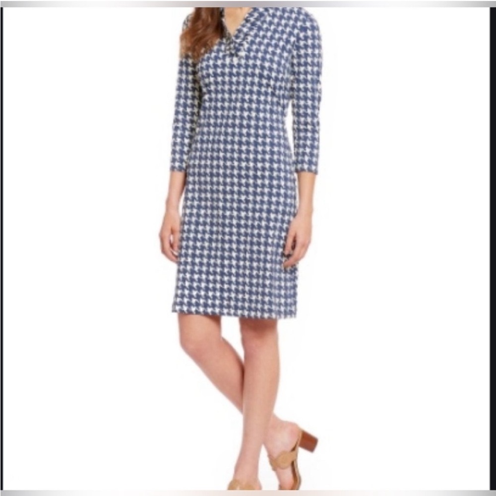 J.McLaughlin Durham Navy And Cream Houndstooth Catalina Cloth 3/4 Sleeve Dress